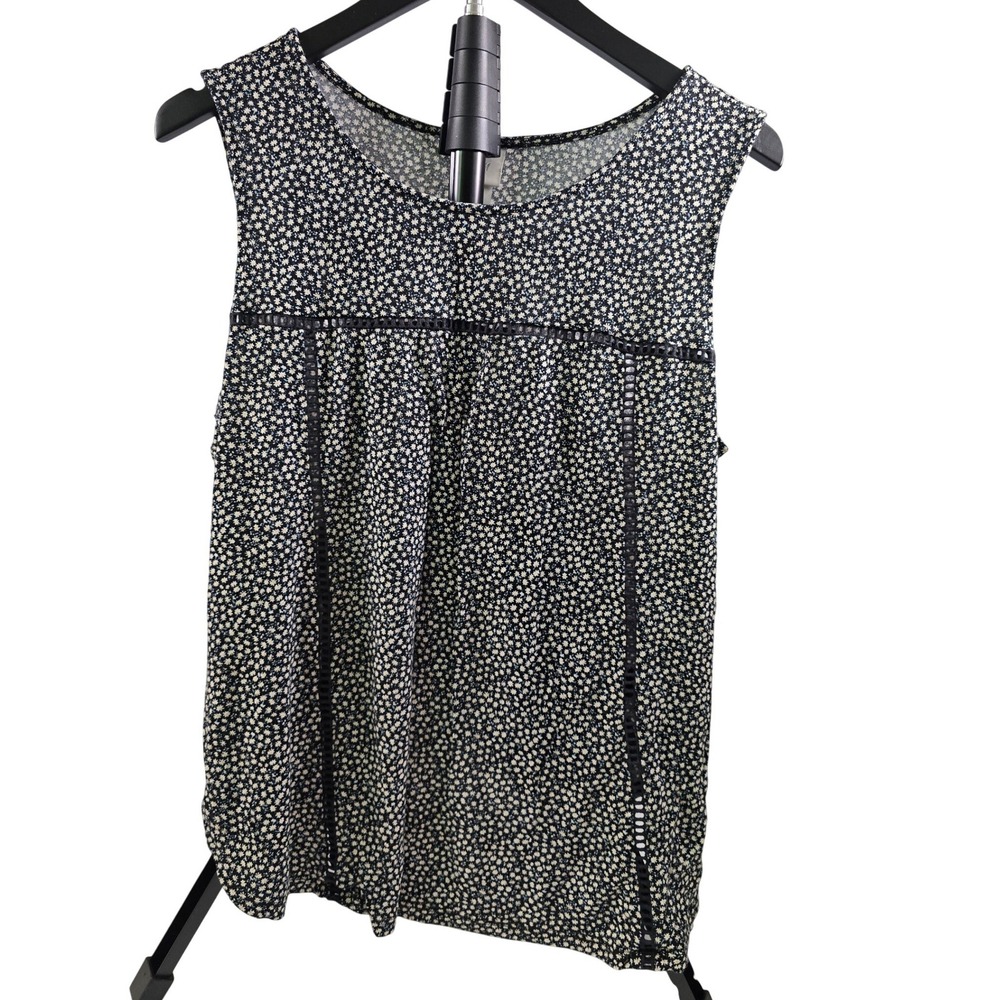 HM Womens Large Floral Sleeveless Blouse Black White Ladder Stitch Lace Trim Top